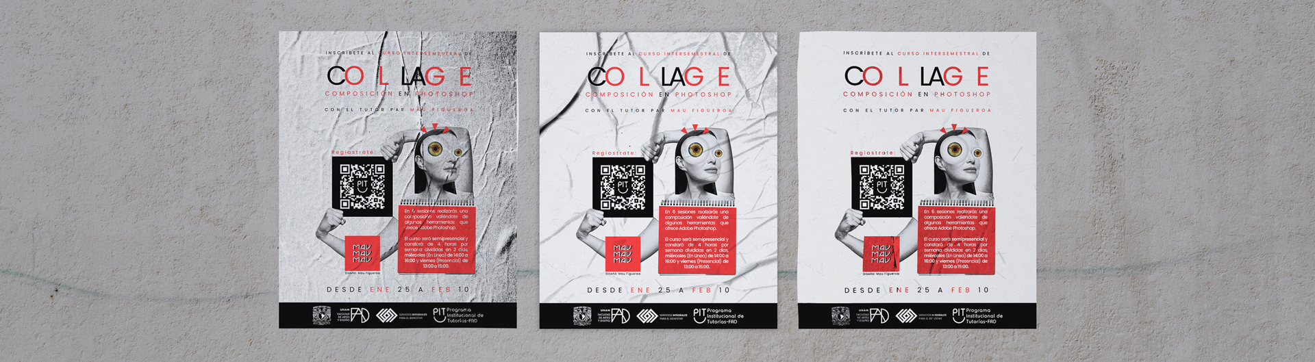 Cartel que anuncia un curso de collage en Adobe Photoshop.